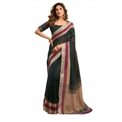 Women's Linen Cotton Plain Ready To Wear With Pocket Saree With Unstitched Blouse 5.5 Mtr (Black)