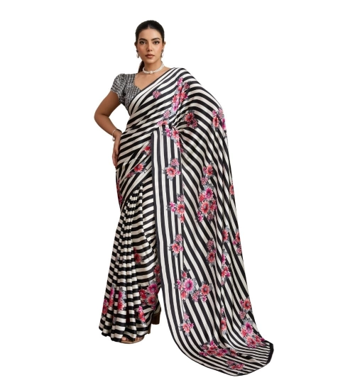 Women's Satin Crepe Printed Saree With Unstitched Blouse 5.5Mtr (Black)