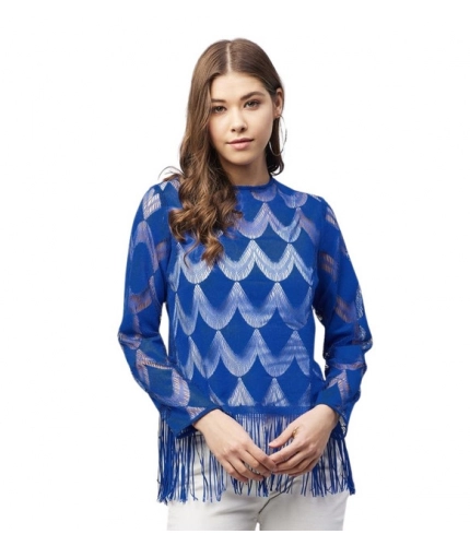 Women's Lace Self Design Long Sleeves Top (Blue)