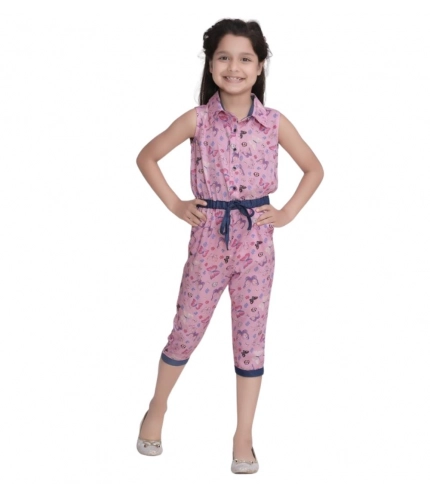 Girl's Cotton Printed Sleeveless Jumpsuit (Pink)