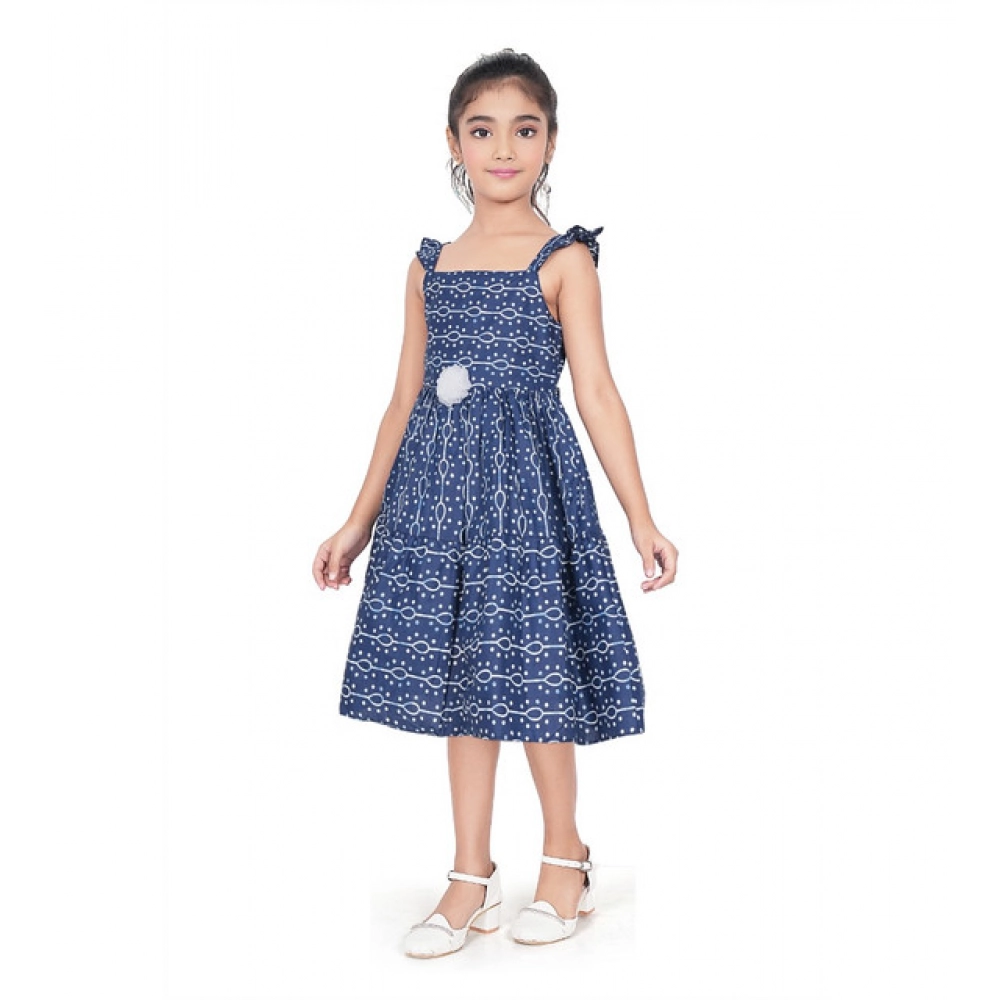 Girl's Cotton Printed Sleeve Less Squre Neck Dress (Navy Blue)