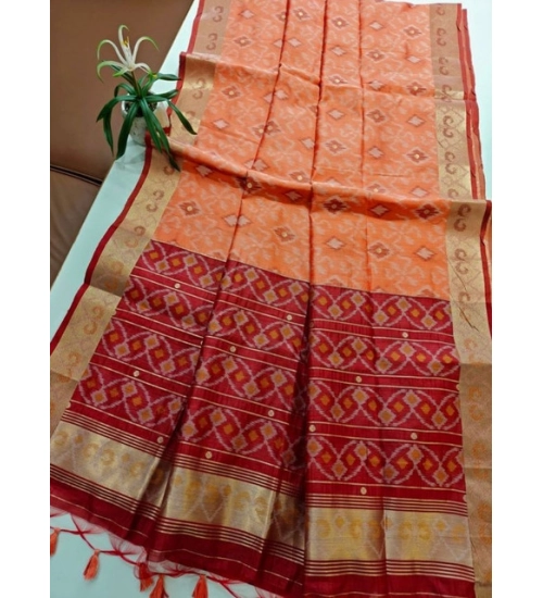 Women's Raw Silk Ikkat Saree With Unstitched Blouse 5.5Mtr (Peach)