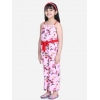 Girl's Polyester Crepe Floral Shoulder Straps Jumpsuit (Pink-Red)