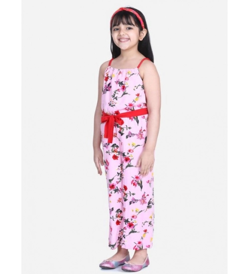 Girl's Polyester Crepe Floral Shoulder Straps Jumpsuit (Pink-Red)