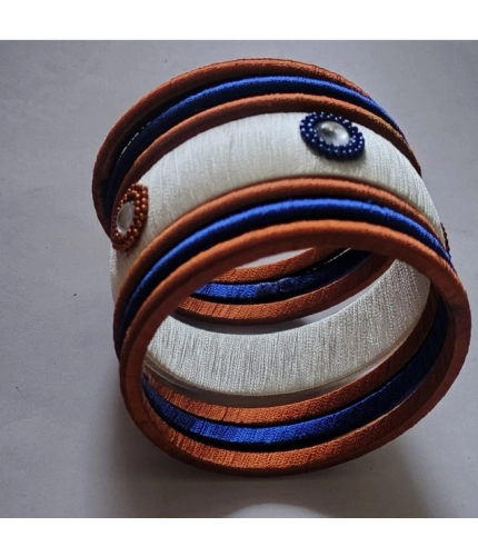 Women's Plastic Silk Thread Bangles (White-Brown-Blue, Size: 2.8)