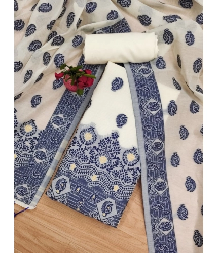 Women's Banarasi Silk Printed Unstitched Salwar Suit Material With Dupatta (Navy Blue, 3Mtrs)