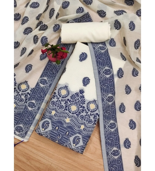 Women's Banarasi Silk Printed Unstitched Salwar Suit Material With Dupatta (Navy Blue, 3Mtrs)