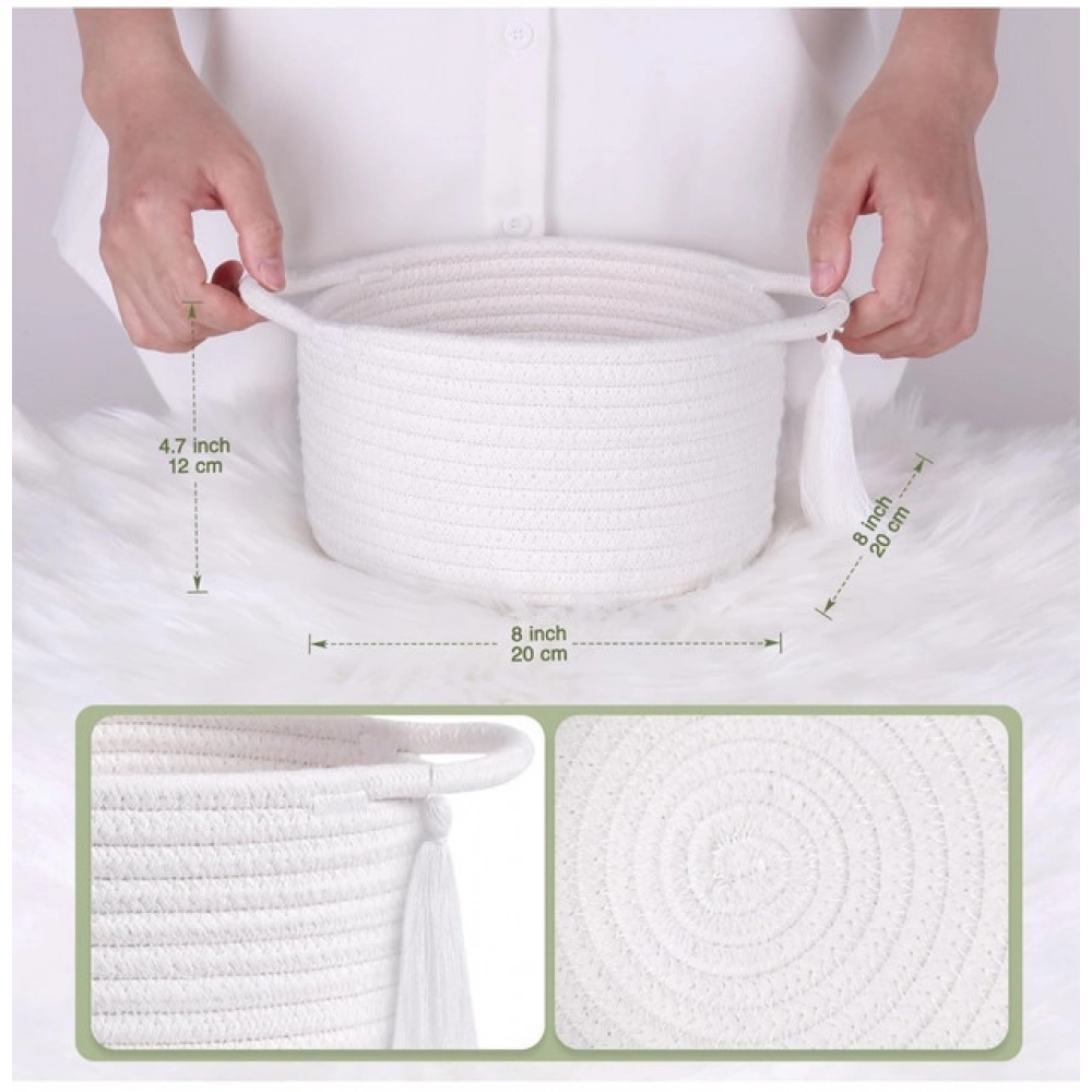 Cotton 8x4 Inch Round 2 Set With Jhalar Bedside Organizer (White)