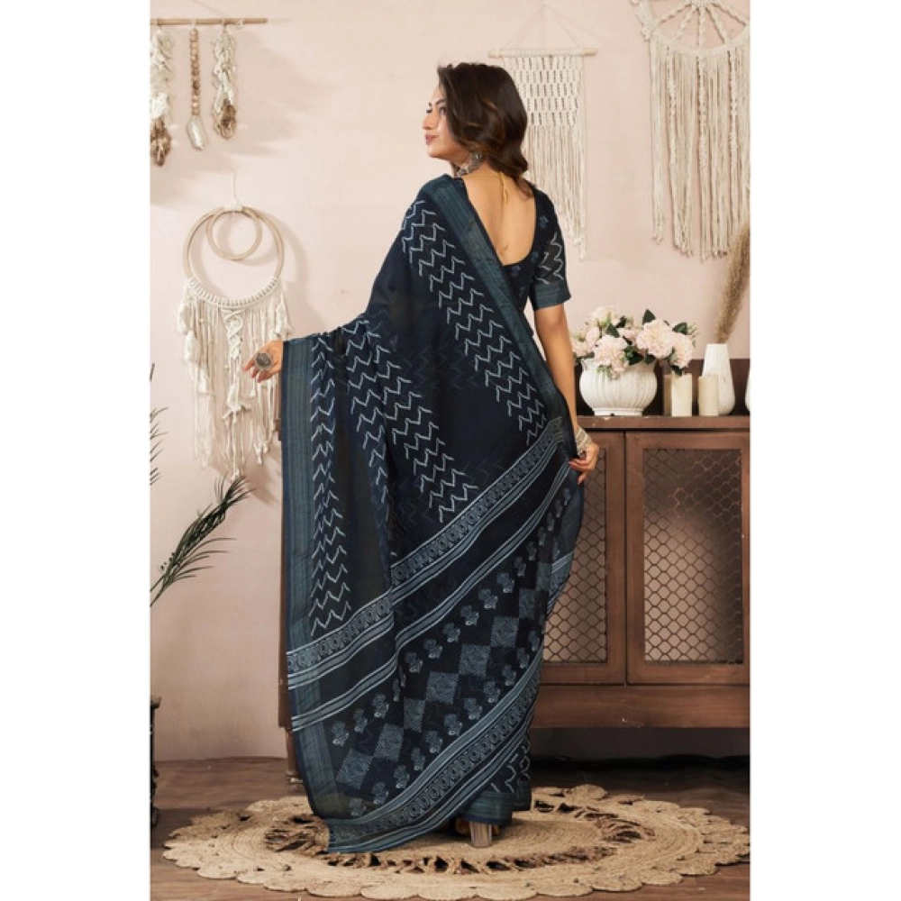 Women's Linen Cotton Printed Ready To Wear Saree With Unstitched Blouse 5.5 Mtr (Black) Women's Linen Cotton Printed Ready To Wear Saree With Unstitched Blouse 5.5 Mtr (Black)