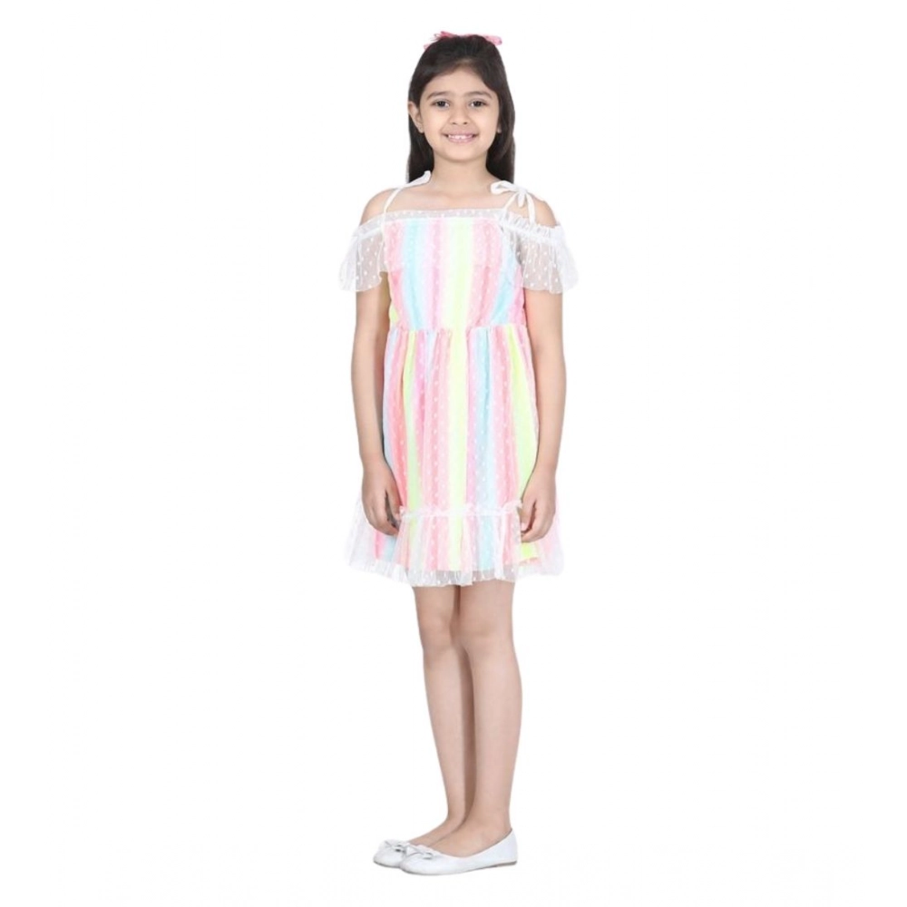 Girl's Polyester Self Design Cold Shoulder Dress (Multicolor)