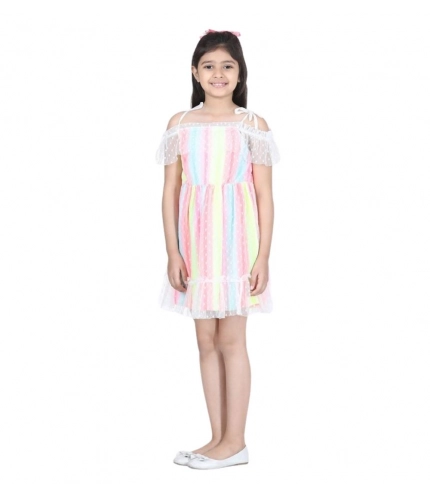 Girl's Polyester Self Design Cold Shoulder Dress (Multicolor)