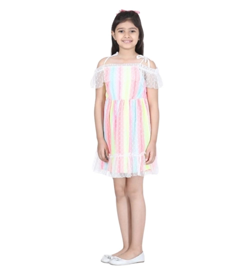 Girl's Polyester Self Design Cold Shoulder Dress (Multicolor)