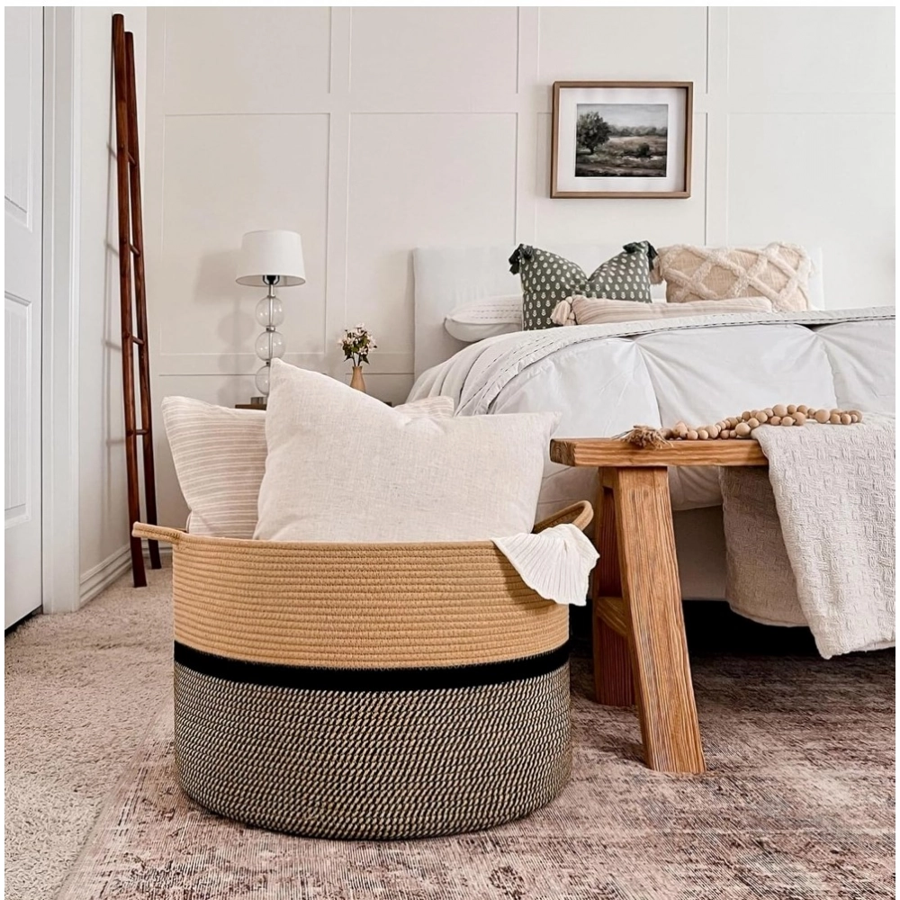 Cotton Dori 16x14 Inch Storage Basket For Clothes (Beige-Beige Black)