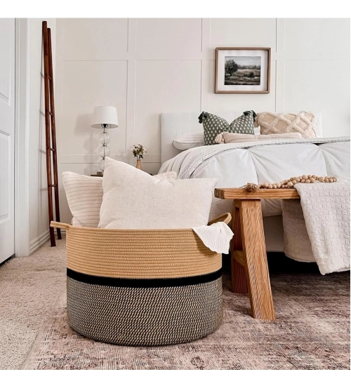 Cotton Dori 16x14 Inch Storage Basket For Clothes (Beige-Beige Black)