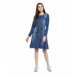 Women's Denim Washed Regular Sleeves Dress (Blue)