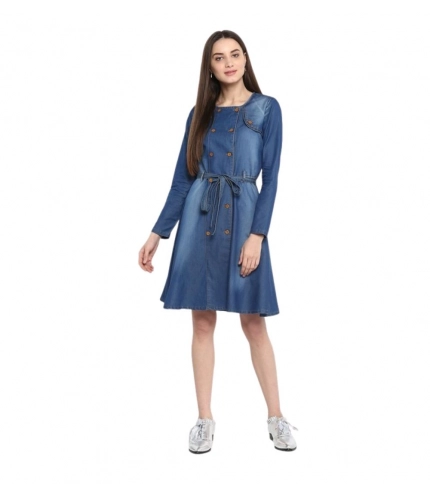 Women's Denim Washed Regular Sleeves Dress (Blue)