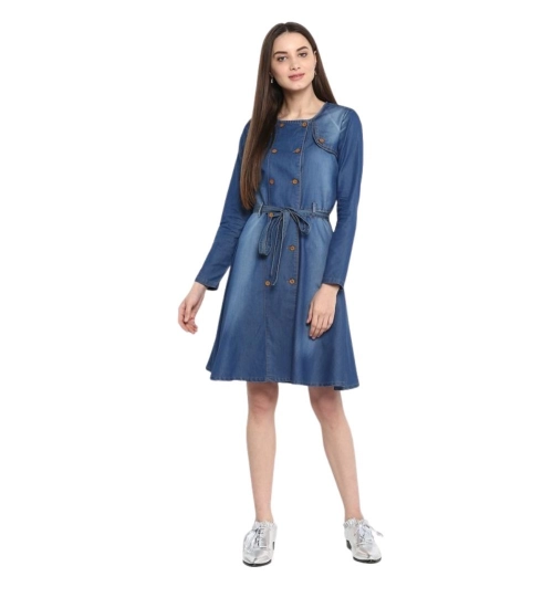 Women's Denim Washed Regular Sleeves Dress (Blue)