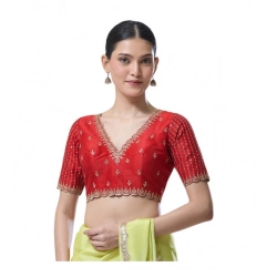 Women's Banarasi Silk Sequence V Neck Non Padded Blouse (Red 38 Ready (Alterable up to 42)
