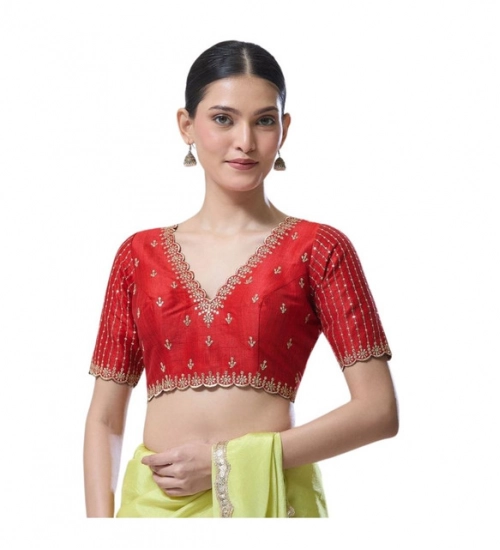 Women's Banarasi Silk Sequence V Neck Non Padded Blouse (Red 38 Ready (Alterable up to 42)