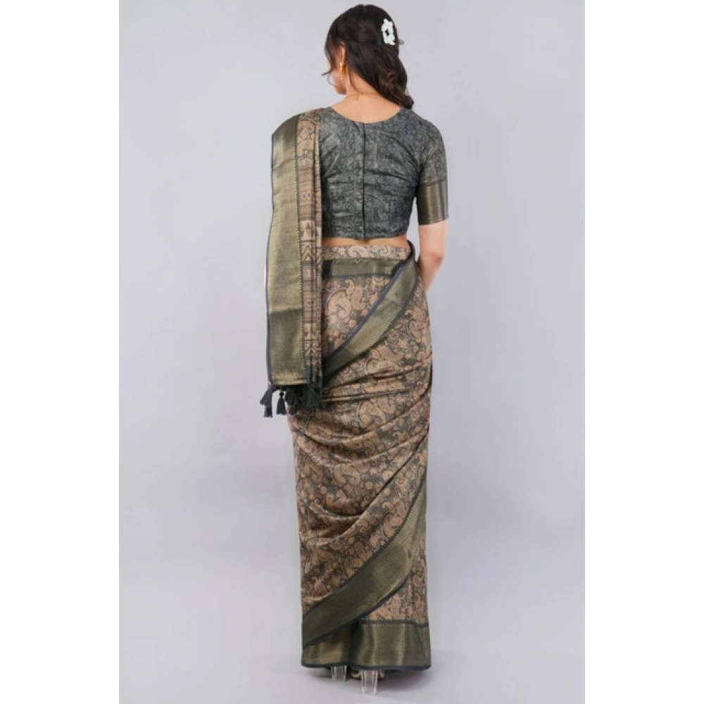 Women's Polyester Printed Ready To Wear Saree With Unstitched Blouse 5.5 Mtr (Grey)