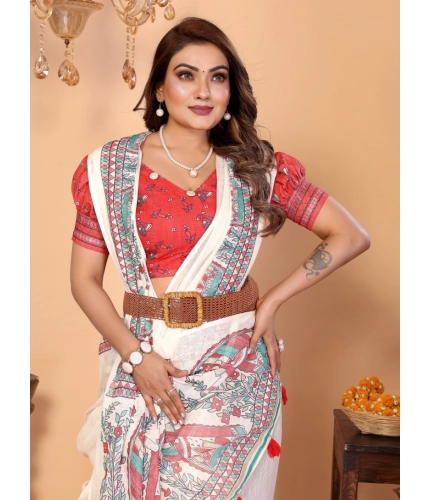Women's Linen Cotton Printed Saree With Unstitched Blouse 5.5Mtr (Off White)