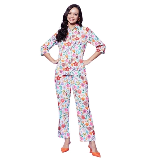 Women's Polyester Floral 3-4th Sleeve Co-Ord Set (Multicolor)