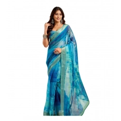 Women's Linen Cotton Printed Ready To Wear Saree With Unstitched Blouse 5.5 Mtr (Blue)