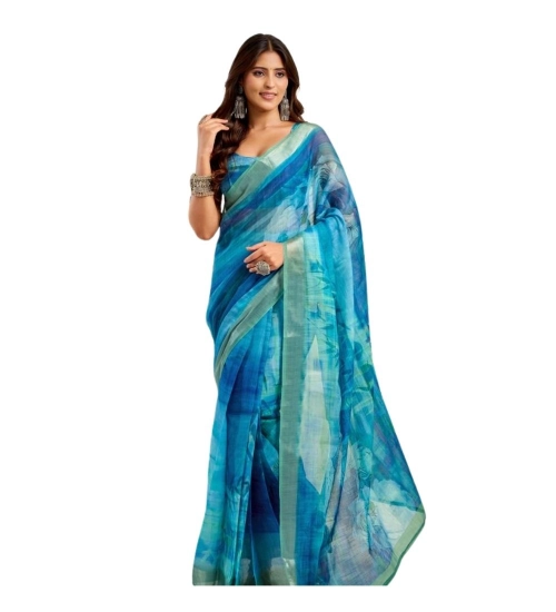 Women's Linen Cotton Printed Ready To Wear Saree With Unstitched Blouse 5.5 Mtr (Blue)
