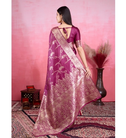Women's Banarasi Silk Printed Saree With Unstitched Blouse 5.5Mtr (Wine)