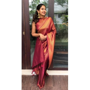 Generic Women's Litchi silk Printed Saree With Unstitched Blouse (Red)