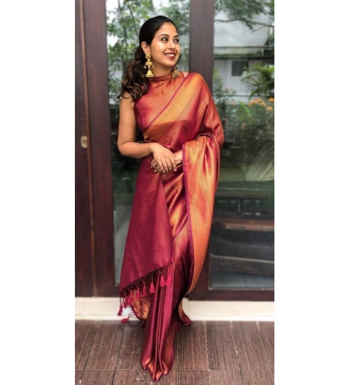 Women's Litchi silk Printed Saree With Unstitched Blouse (Red)