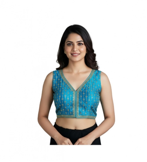 Women's Silk Blend Embroidered V-Neck Non Padded Blouse (Sky 38 Ready (Alterable up to 42)