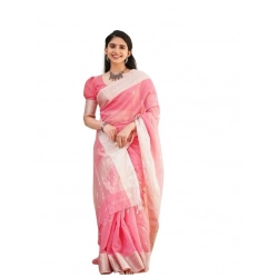 Women's Soft Lichi Silk Printed Saree With Unstitched Blouse 5.5Mtr (Pink)
