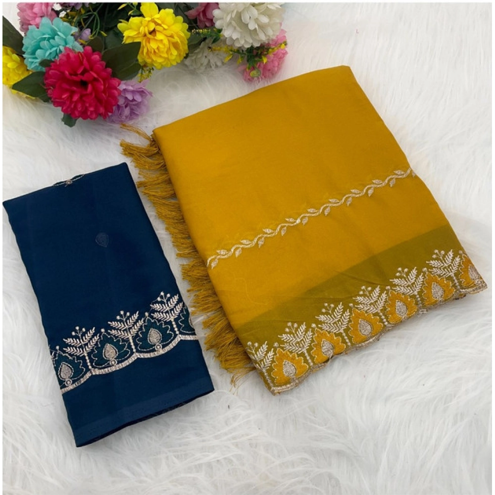 Women's Georgette Embroidered Saree With Unstitched Blouse 5.5Mtr (Yellow)
