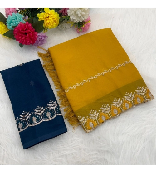 Women's Georgette Embroidered Saree With Unstitched Blouse 5.5Mtr (Yellow)