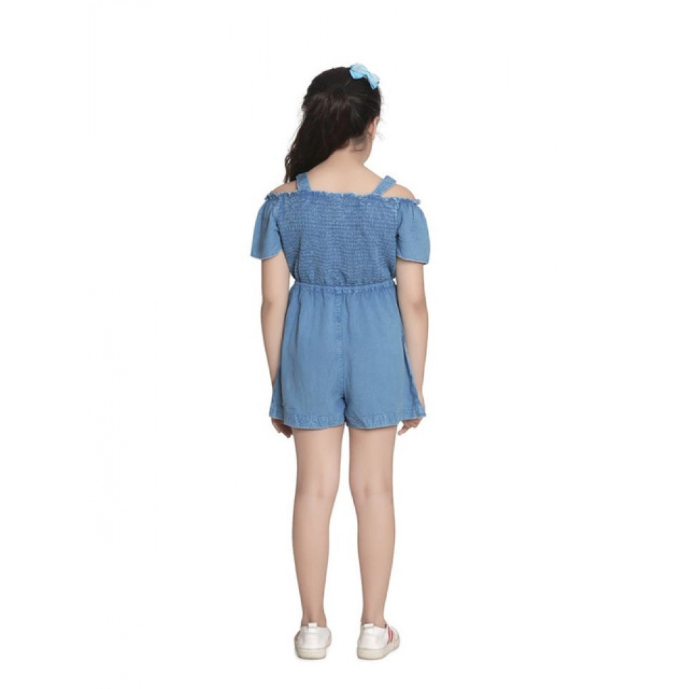 Girl's Rayon Solid Sleeveless Jumpsuit (Blue)