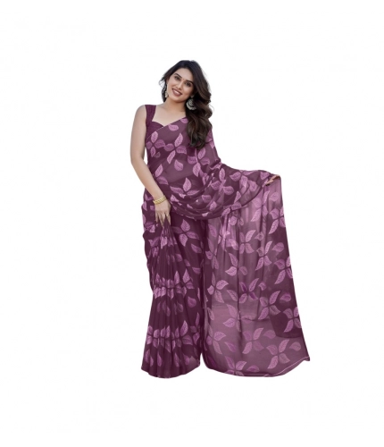 Women's Chiffon Printed Saree With Unstitched Blouse 5.5Mtr (Purple)