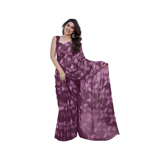Women's Chiffon Printed Saree With Unstitched Blouse 5.5Mtr (Purple)