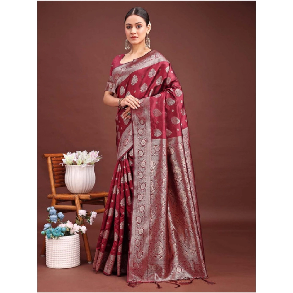 Women's Banarasi Silk Printed Saree With Unstitched Blouse 5.5Mtr (Maroon) Women's Banarasi Silk Printed Saree With Unstitched Blouse 5.5Mtr (Maroon)