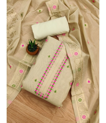 Women's Banarasi Silk Printed Unstitched Salwar Suit Material With Dupatta (Cream, 3Mtrs)