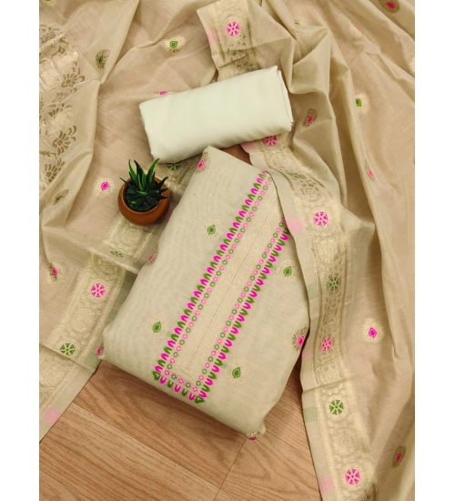 Women's Banarasi Silk Printed Unstitched Salwar Suit Material With Dupatta (Cream, 3Mtrs)