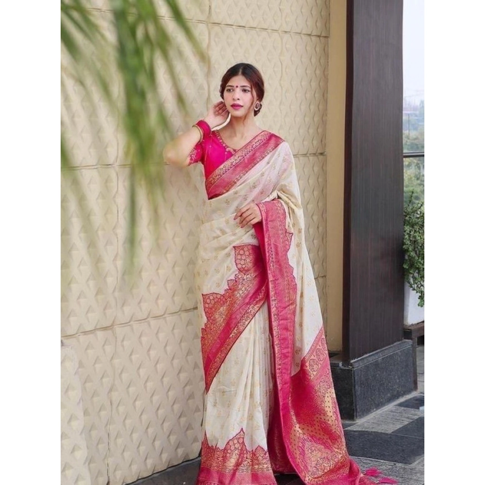 Women's Litchi silk Printed Saree With Unstitched Blouse (Half White) Women's Litchi silk Printed Saree With Unstitched Blouse (Half White)