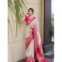 Women's Litchi silk Printed Saree With Unstitched Blouse (Half White)