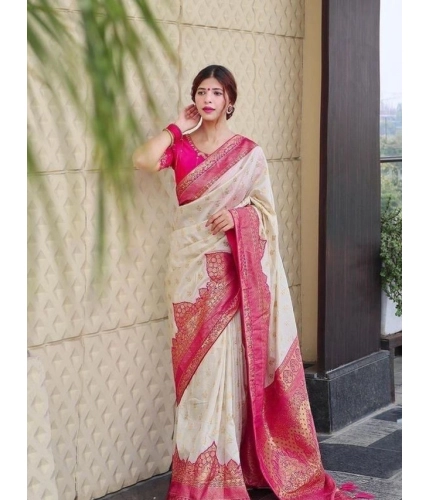 Women's Litchi silk Printed Saree With Unstitched Blouse (Half White)
