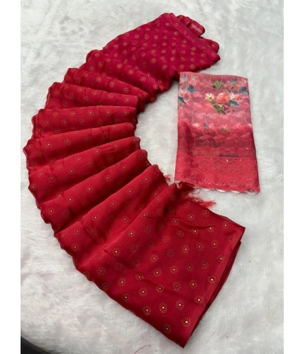 Women's Printed Brasso Saree With Unstitched Blouse (Red, 5-6 Mtrs)