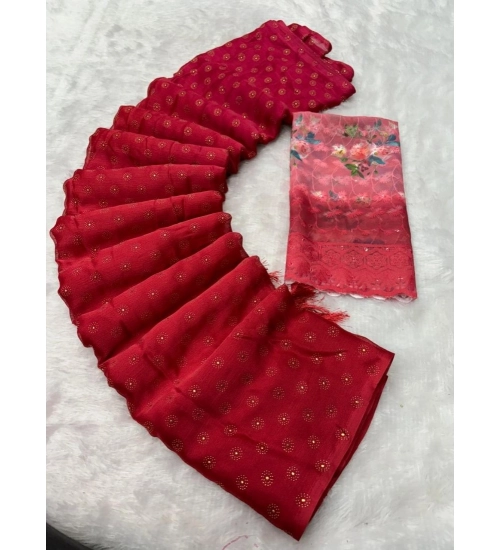 Women's Printed Brasso Saree With Unstitched Blouse (Red, 5-6 Mtrs)