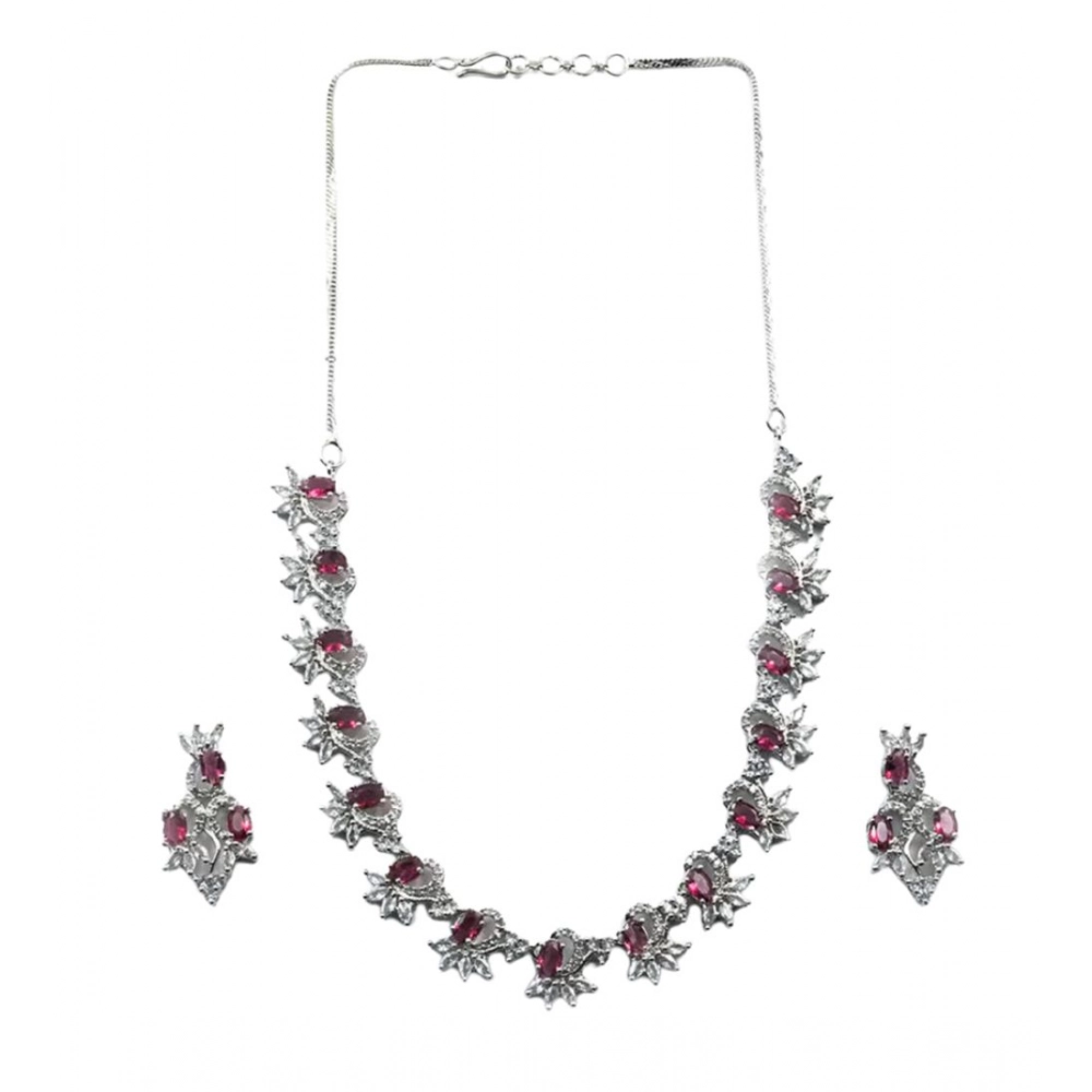Women's Brass Silver Plated Necklace set (Red)