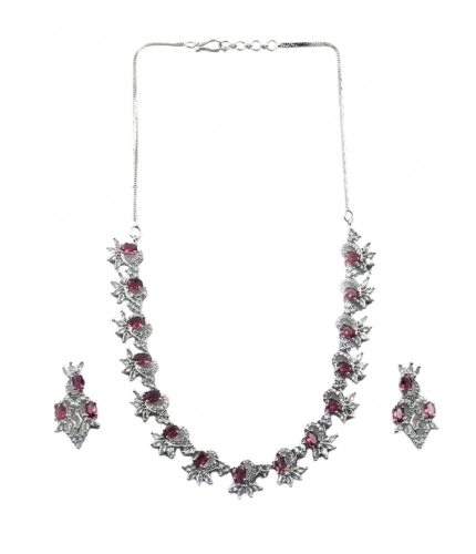 Women's Brass Silver Plated Necklace set (Red)