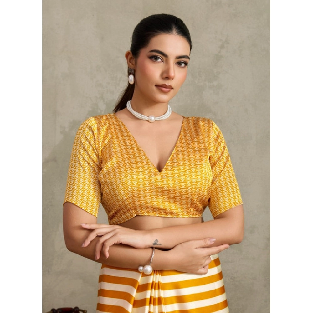 Women's Satin Crepe Printed Saree With Unstitched Blouse 5.5Mtr (Mustard)