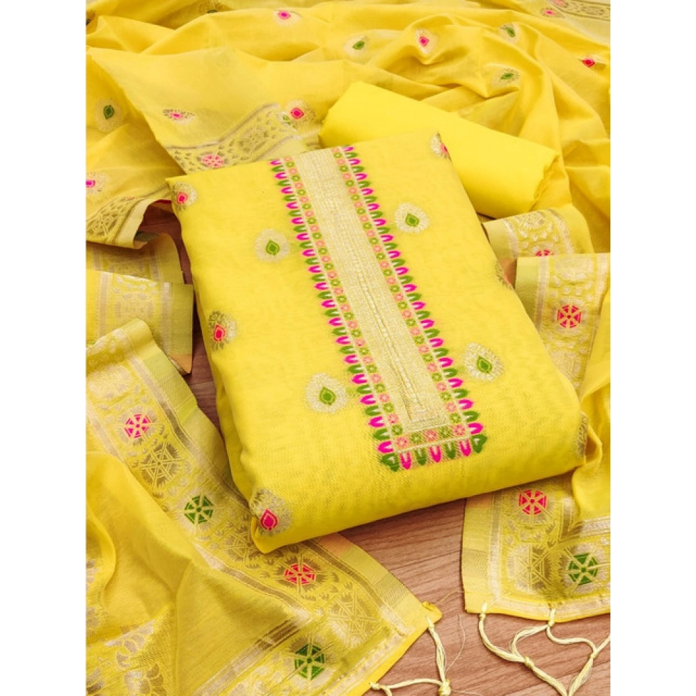 Women's Banarasi Silk Printed Unstitched Salwar Suit Material With Dupatta (Yellow, 3Mtrs)